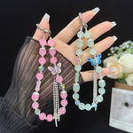 สร้อยข้อมือผ้าฝ้ายประดับไข่มุกและผีเสื้อ, สีชมพู, สีเขียว
