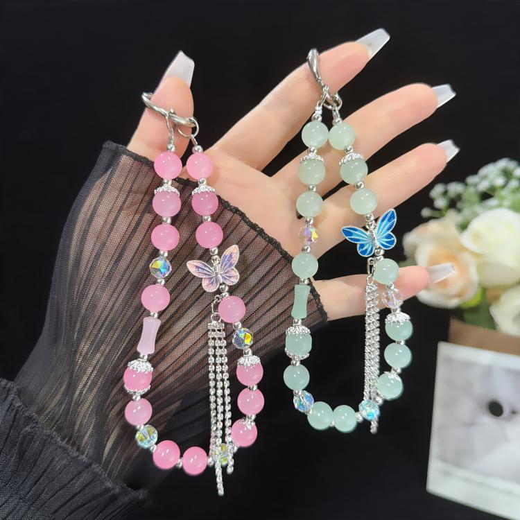 สร้อยข้อมือผ้าฝ้ายประดับไข่มุกและผีเสื้อ, สีชมพู, สีเขียว