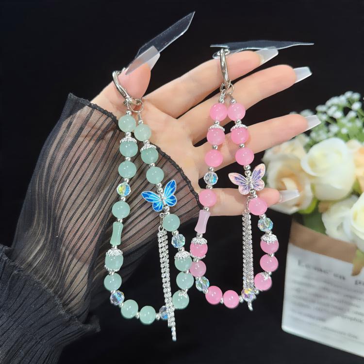 สร้อยข้อมือผ้าฝ้ายประดับไข่มุกและผีเสื้อ, สีชมพู, สีเขียว