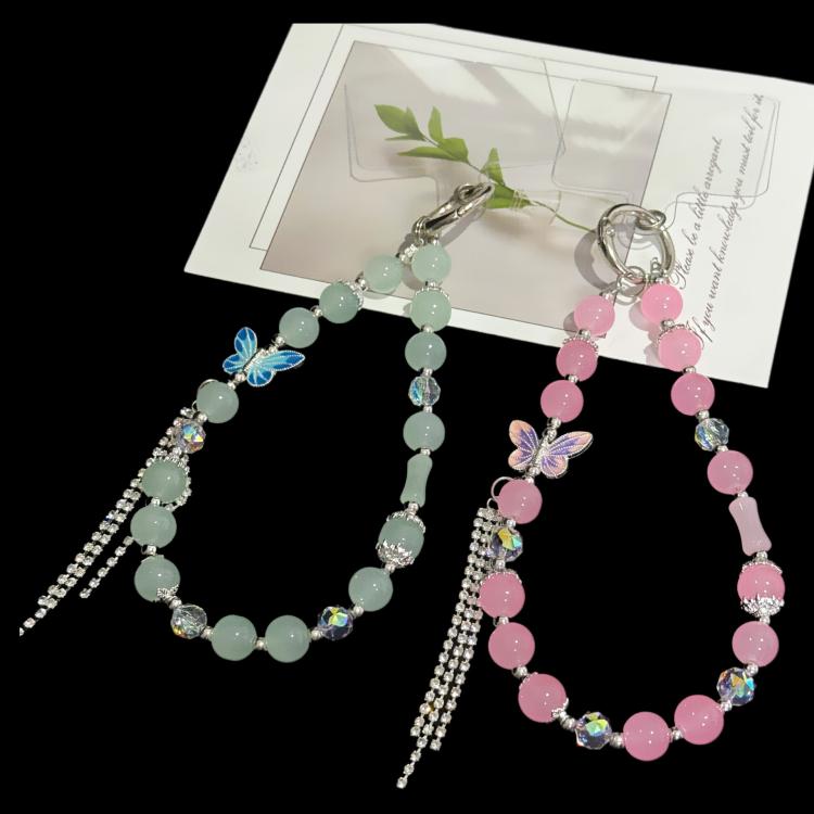 สร้อยข้อมือผ้าฝ้ายประดับไข่มุกและผีเสื้อ, สีชมพู, สีเขียว