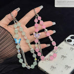 สร้อยข้อมือผ้าฝ้ายประดับไข่มุกและผีเสื้อ, สีชมพู, สีเขียว