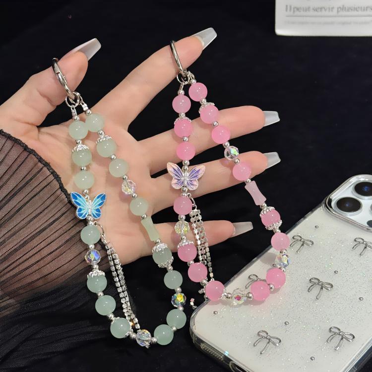สร้อยข้อมือผ้าฝ้ายประดับไข่มุกและผีเสื้อ, สีชมพู, สีเขียว