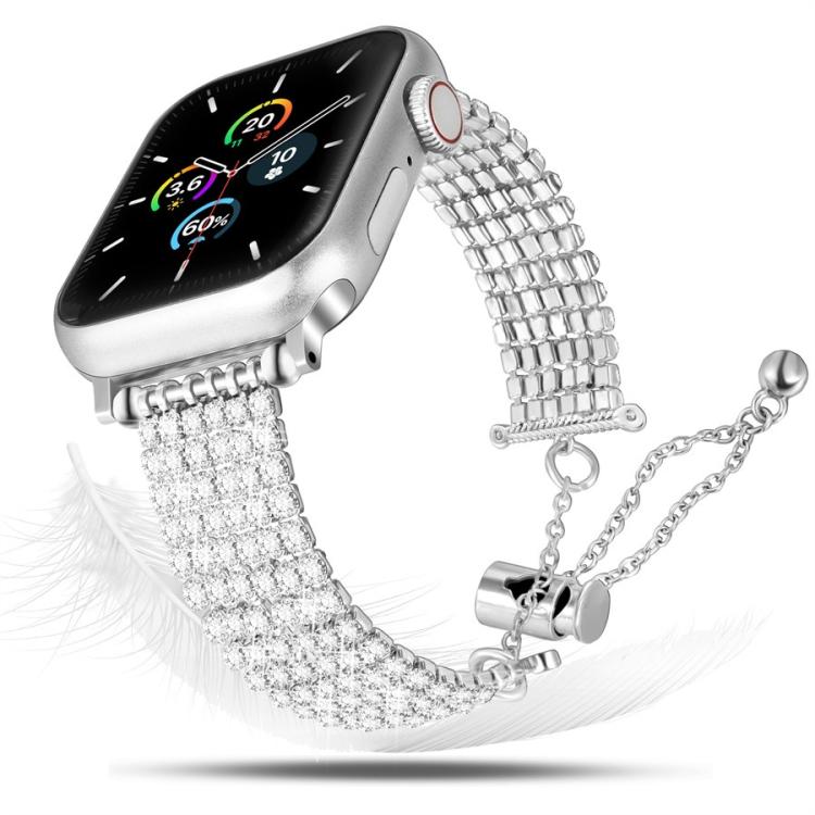 สายรัดนาฬิกาโลหะประดับเพชรแบบล็อกหรูหรา สำหรับ Apple Watch ขนาด 46 มม. / 49 มม. / 45 มม. / 44 มม. และ Apple Watch ขนาด 42 มม. / 41 มม. / 40 มม. / 38 มม.