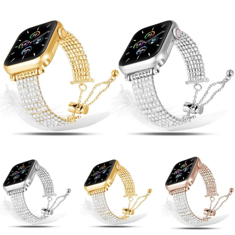 สายรัดนาฬิกาโลหะประดับเพชรแบบล็อกหรูหรา สำหรับ Apple Watch ขนาด 46 มม. / 49 มม. / 45 มม. / 44 มม. และ Apple Watch ขนาด 42 มม. / 41 มม. / 40 มม. / 38 มม.