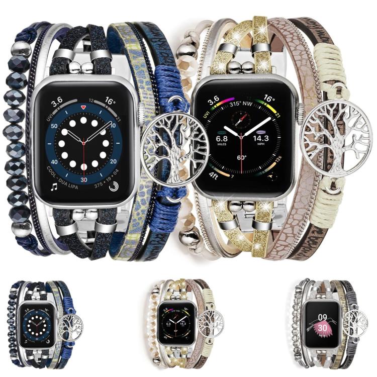 สายรัดนาฬิกาหนังแท้โลหะจี้ต้นไม้แห่งชีวิต สำหรับ Apple Watch ขนาด 46 มม. / 49 มม. / 45 มม. / 44 มม. และ Apple Watch ขนาด 42 มม. / 41 มม. / 40 มม. / 38 มม.