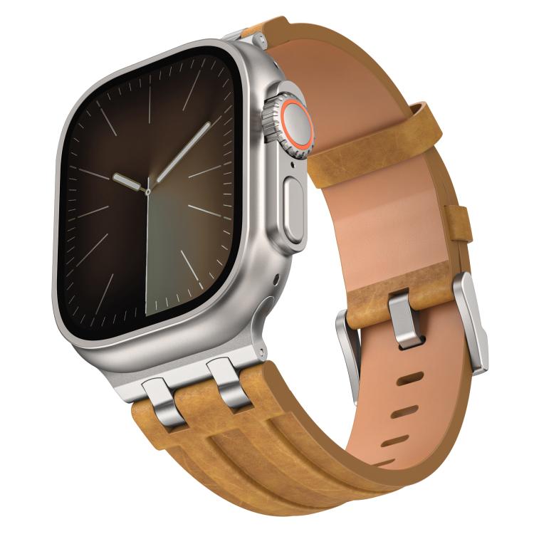 สายรัดนาฬิกาหนังวีแกนลายม้าบ้า พร้อมหัวเข็มขัดสแตนเลสสีเงิน สำหรับ Apple Watch 46mm / 49mm / 45mm / 44mm