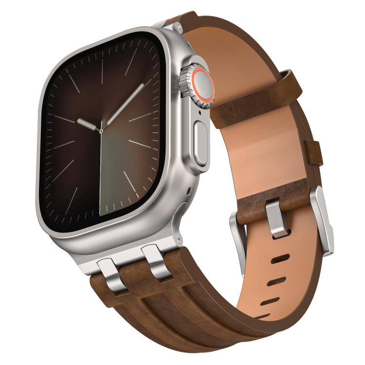 สายรัดนาฬิกาหนังวีแกนลายม้าบ้า พร้อมหัวเข็มขัดสแตนเลสสีเงิน สำหรับ Apple Watch 46mm / 49mm / 45mm / 44mm