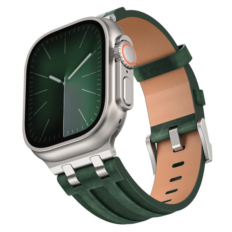 สายรัดนาฬิกาหนังวีแกนลายม้าบ้า พร้อมหัวเข็มขัดสแตนเลสสีเงิน สำหรับ Apple Watch 46mm / 49mm / 45mm / 44mm