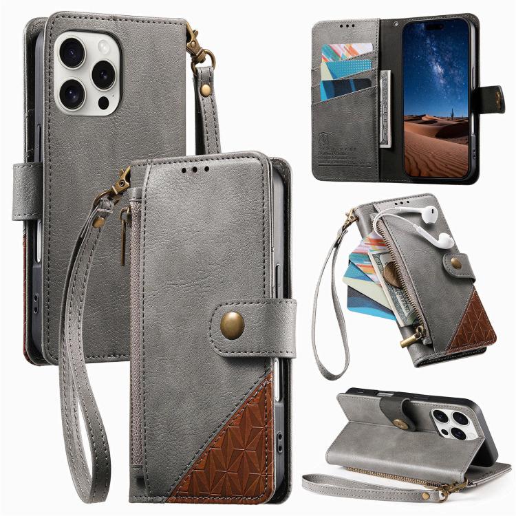 เคสโทรศัพท์หนังวีแกนแบบกระเป๋าใส่ซิปผสมพร้อมสายคล้อง, สำหรับ iPhone 15 Pro Max, สำหรับ iPhone 15 Pro, สำหรับ iPhone 15 Plus, สำหรับ iPhone 15