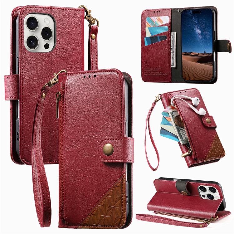 เคสโทรศัพท์หนังวีแกนแบบกระเป๋าใส่ซิปผสมพร้อมสายคล้อง, สำหรับ iPhone 15 Pro Max, สำหรับ iPhone 15 Pro, สำหรับ iPhone 15 Plus, สำหรับ iPhone 15