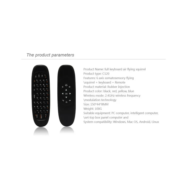 C120 คีย์บอร์ดมินิไร้สาย 2.4G พร้อมเมาส์รีโมทและเซ็นเซอร์ไจโร 3 แกน & เซ็นเซอร์แรงโน้มถ่วง 3 แกน สำหรับ PC / HTPC / IPTV / สมาร์ททีวี และ Android TV Box เป็นต้น
