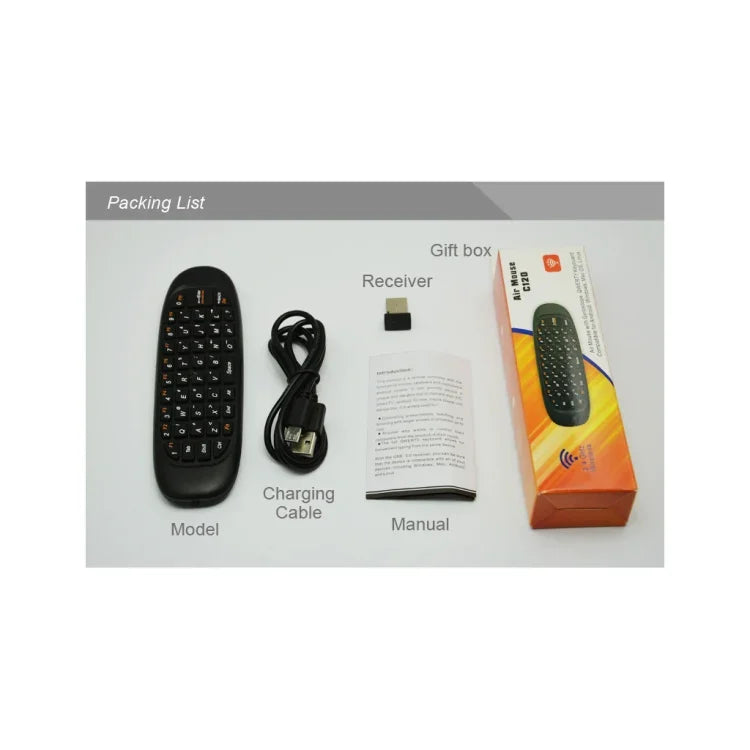 C120 คีย์บอร์ดมินิไร้สาย 2.4G พร้อมเมาส์รีโมทและเซ็นเซอร์ไจโร 3 แกน & เซ็นเซอร์แรงโน้มถ่วง 3 แกน สำหรับ PC / HTPC / IPTV / สมาร์ททีวี และ Android TV Box เป็นต้น