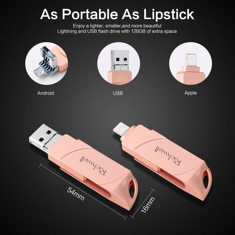 Richwell DXZ128 แฟลชไดรฟ์ USB 128G 3 in 1 Micro USB + 8 Pin + USB 3.0 รองรับ iPhone & iOS, สีดำ, เงิน, โรสโกลด์