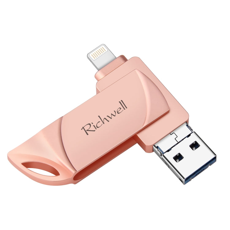 Richwell DXZ128 แฟลชไดรฟ์ USB 128G 3 in 1 Micro USB + 8 Pin + USB 3.0 รองรับ iPhone & iOS, สีดำ, เงิน, โรสโกลด์