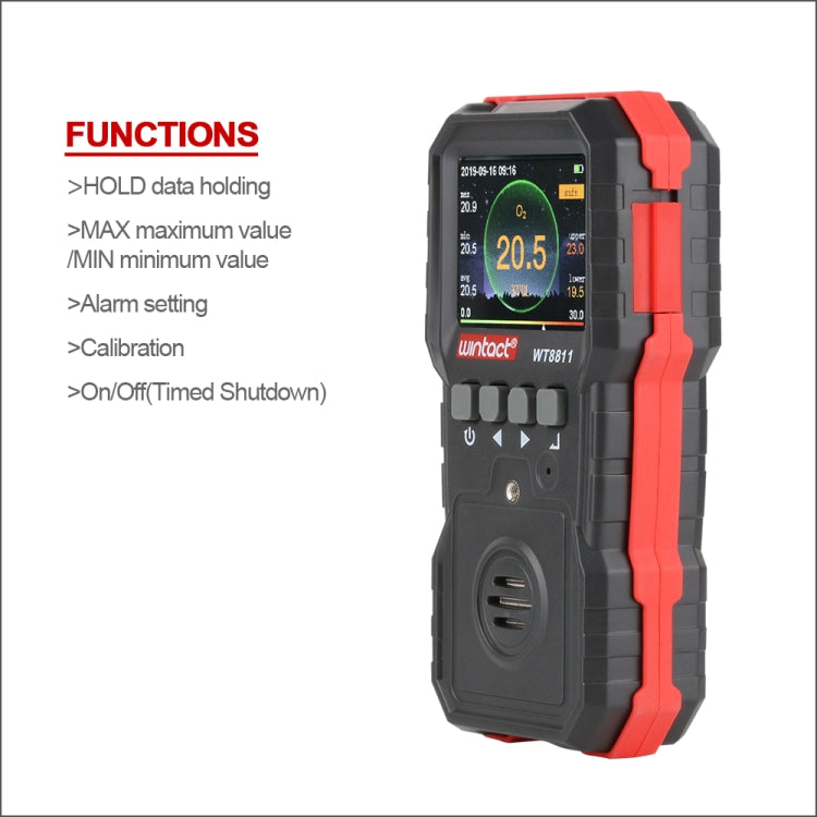 เครื่องตรวจวัดก๊าซผสม WINTACT WT8811 จอ LCD ชาร์จไฟได้ ฟังก์ชันครบ 4 in1 เซ็นเซอร์ก๊าซติดไฟ O2 H2S CO พร้อมเสียง, แสง และสั่นแจ้งเตือน