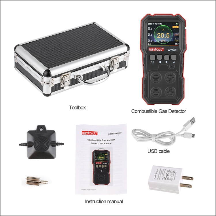 เครื่องตรวจวัดก๊าซผสม WINTACT WT8811 จอ LCD ชาร์จไฟได้ ฟังก์ชันครบ 4 in1 เซ็นเซอร์ก๊าซติดไฟ O2 H2S CO พร้อมเสียง, แสง และสั่นแจ้งเตือน