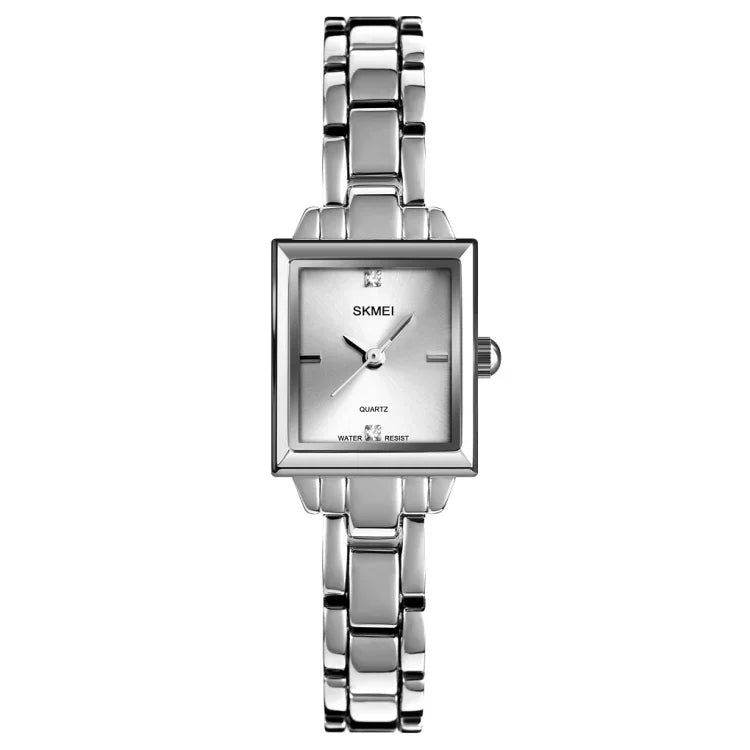 SKMEI 1407 Business Fashion Watch with Diamonds Delicate and Elegant Square Zinc Alloy Quartz Watch for Women, Silvery