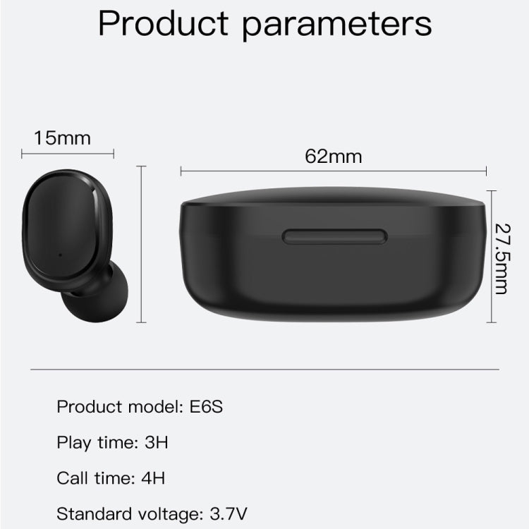 หูฟังไร้สาย E6S TWS Bluetooth V5.3 พร้อมจอ LED, กันน้ำ, หูฟังบลูทูธ, E6S (สีดำ)