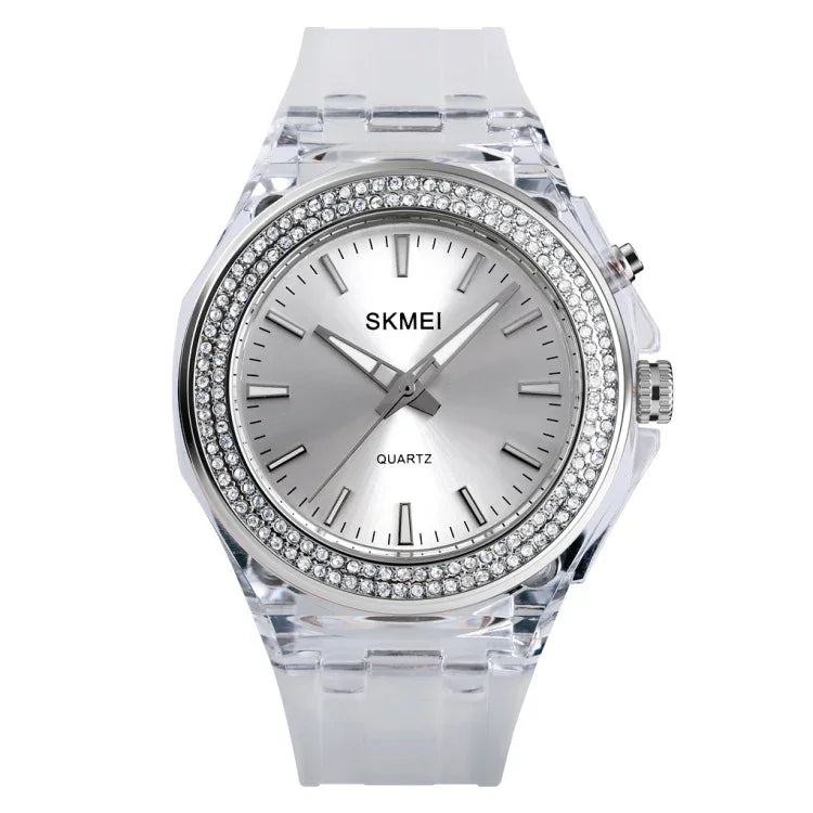 นาฬิกาผู้หญิง SkMEI 1553 กันน้ำโปร่งใสพร้อมไฟ LED สี ประดับด้วยเพชรน้ำ