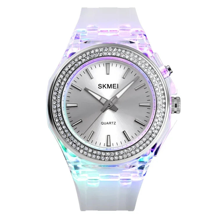 นาฬิกาผู้หญิง SkMEI 1553 กันน้ำโปร่งใสพร้อมไฟ LED สี ประดับด้วยเพชรน้ำ