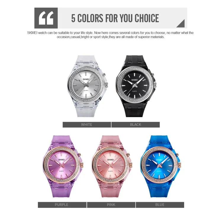 นาฬิกาผู้หญิง SkMEI 1553 กันน้ำโปร่งใสพร้อมไฟ LED สี ประดับด้วยเพชรน้ำ