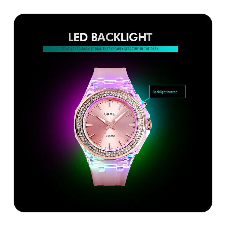 นาฬิกาผู้หญิง SkMEI 1553 กันน้ำโปร่งใสพร้อมไฟ LED สี ประดับด้วยเพชรน้ำ