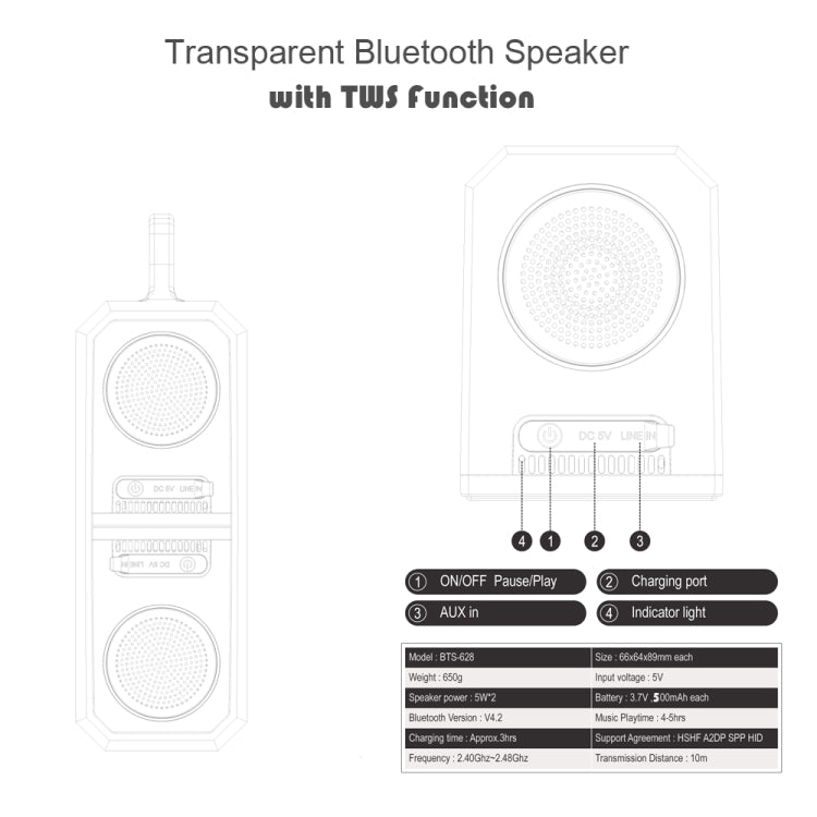 ลำโพงบลูทูธโปร่งใส TWS พกพา BT628 10W พร้อมฐานแม่เหล็กเชื่อมต่อ ลำโพงสเตอริโอเบสซับวูฟเฟอร์กลางแจ้ง