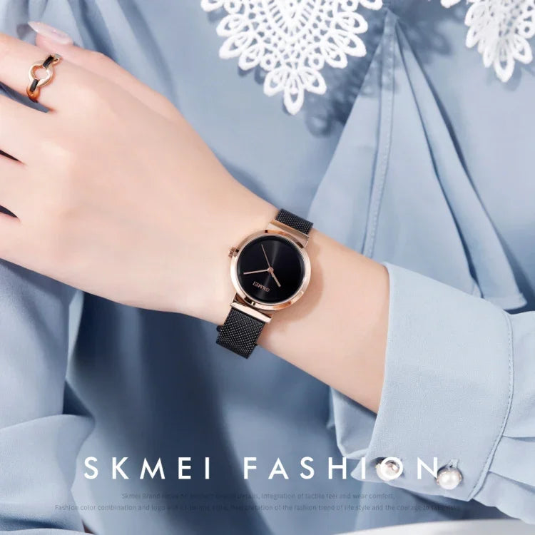 นาฬิกาผู้หญิง Skmei 1595 แฟชั่นหรูหราสายตาข่ายเหล็กไร้สเกล กันน้ำ นาฬิกาควอตซ์สำหรับนักเรียนและธุรกิจ