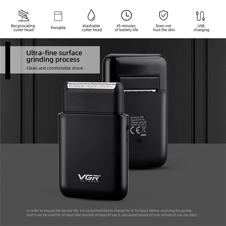 VGR V-390 เครื่องโกนหนวดไฟฟ้าพกพาแบบเลื่อนกลับ 5W USB, V-390 (ดำ), V-390 (เขียว)