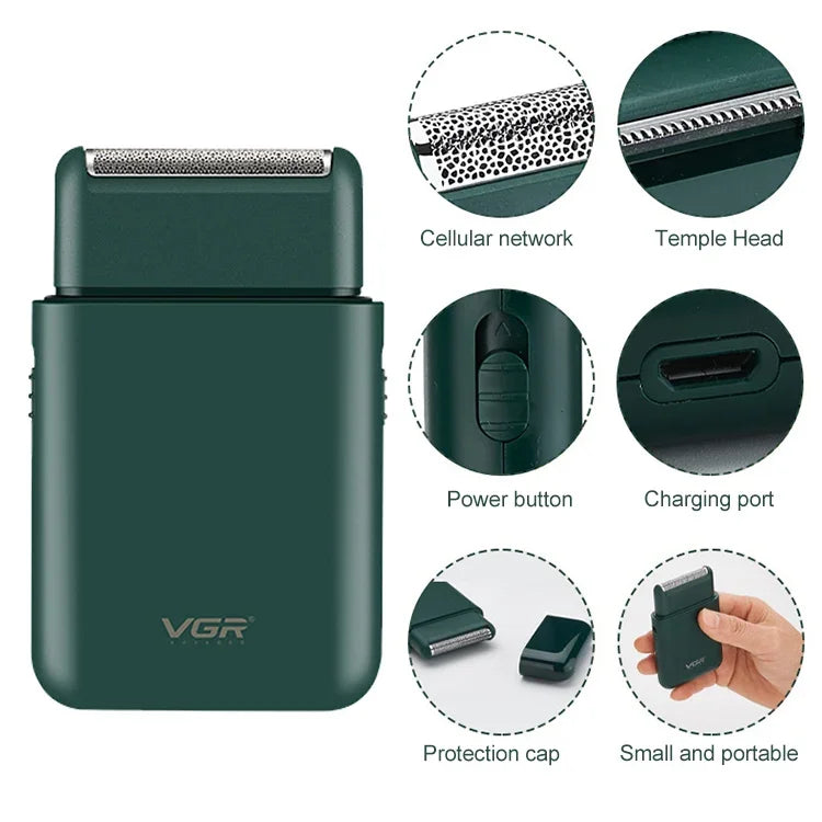 VGR V-390 เครื่องโกนหนวดไฟฟ้าพกพาแบบเลื่อนกลับ 5W USB, V-390 (ดำ), V-390 (เขียว)