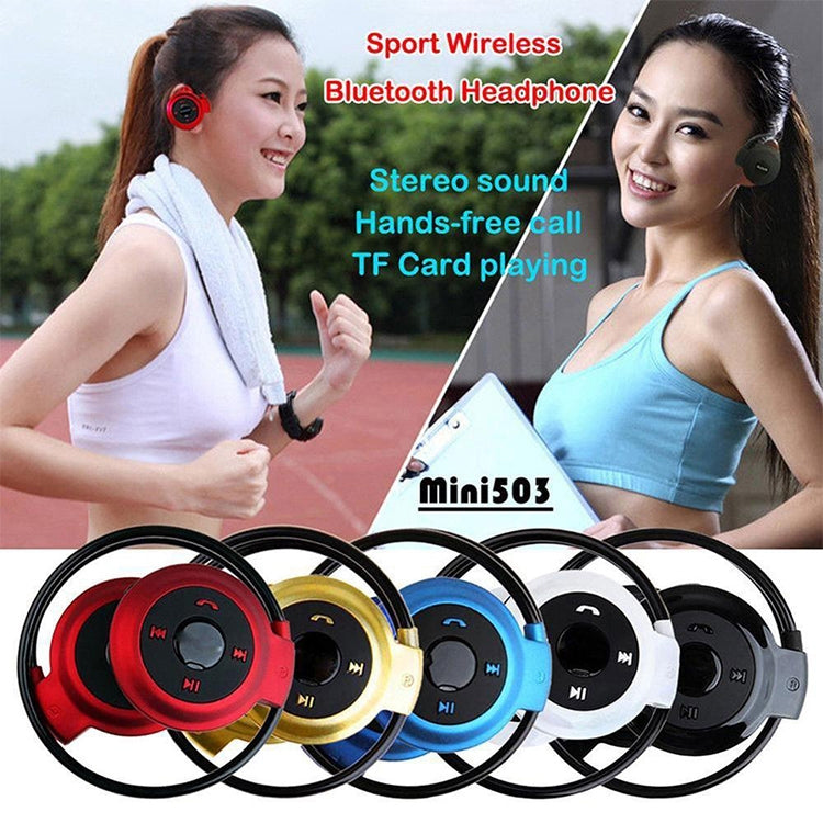 เครื่องเล่น MP3 NVAHVA พร้อมหูฟังบลูทูธ หูฟังกีฬาไร้สาย MP3 พร้อมวิทยุ FM หูฟังสเตอริโอ รองรับการ์ด TF สูงสุด 32GB, mini-503 สีน้ำเงิน, mini-503 สีทอง, mini-503 สีดำ, mini-503 สีแดง