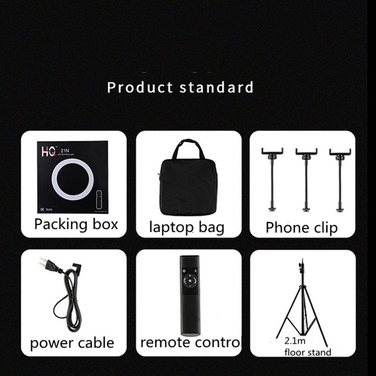 ชุดไฟวงแหวน LED HQ-18N ขนาด 18 นิ้ว 45cm สำหรับถ่ายวิดีโอบล็อก พร้อมรีโมทคอนโทรล แคลมป์โทรศัพท์ และขาตั้งกล้อง 2.1m ปลั๊ก EU, 18 นิ้ว