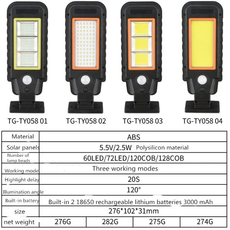 โคมไฟติดผนังพลังงานแสงอาทิตย์แบบมีเซ็นเซอร์ LED กลางแจ้งกันน้ำ ไฟถนน LED 128 COB