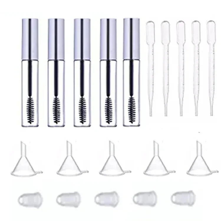 ชุดหลอดมาสคาร่าว่าง 12ml 5 ชิ้น พร้อมแปรงขนตา + กรวยและหลอดดูดโอนถ่าย 5 ชิ้น สำหรับบรรจุน้ำมันละหุ่ง DIY