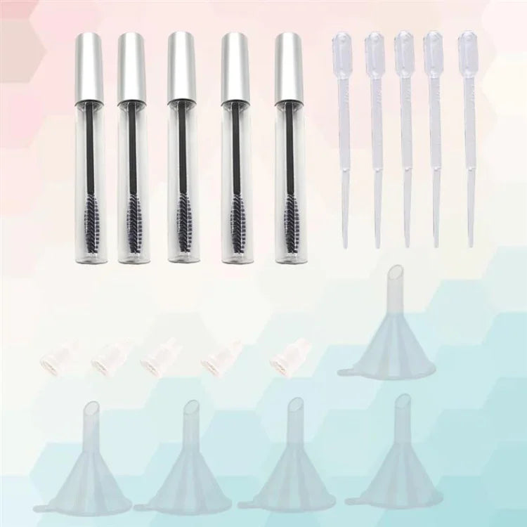 ชุดหลอดมาสคาร่าว่าง 12ml 5 ชิ้น พร้อมแปรงขนตา + กรวยและหลอดดูดโอนถ่าย 5 ชิ้น สำหรับบรรจุน้ำมันละหุ่ง DIY