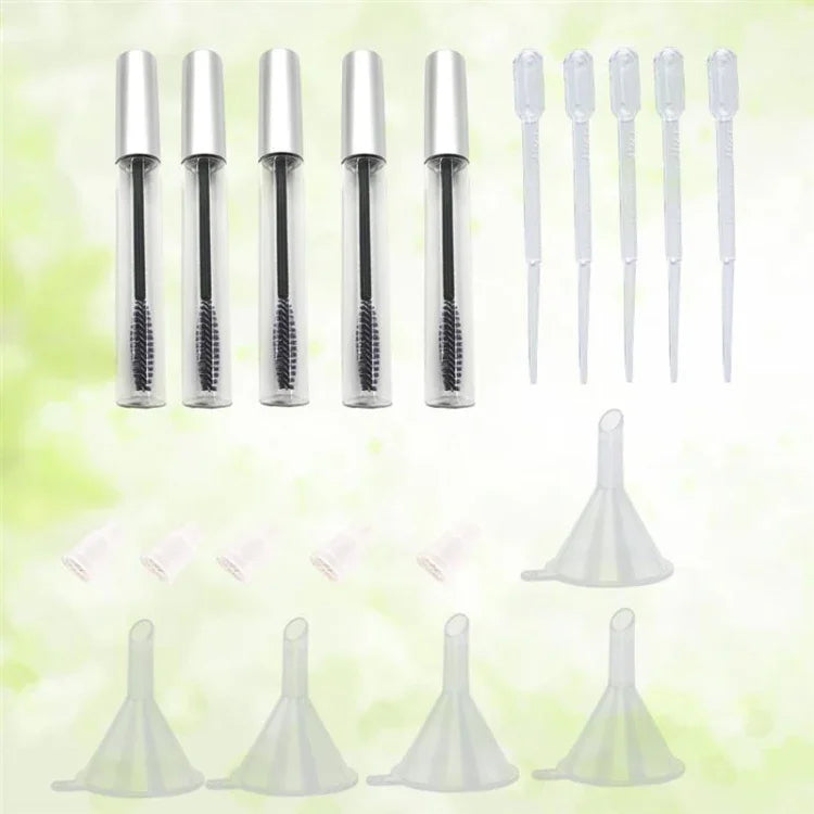 ชุดหลอดมาสคาร่าว่าง 12ml 5 ชิ้น พร้อมแปรงขนตา + กรวยและหลอดดูดโอนถ่าย 5 ชิ้น สำหรับบรรจุน้ำมันละหุ่ง DIY
