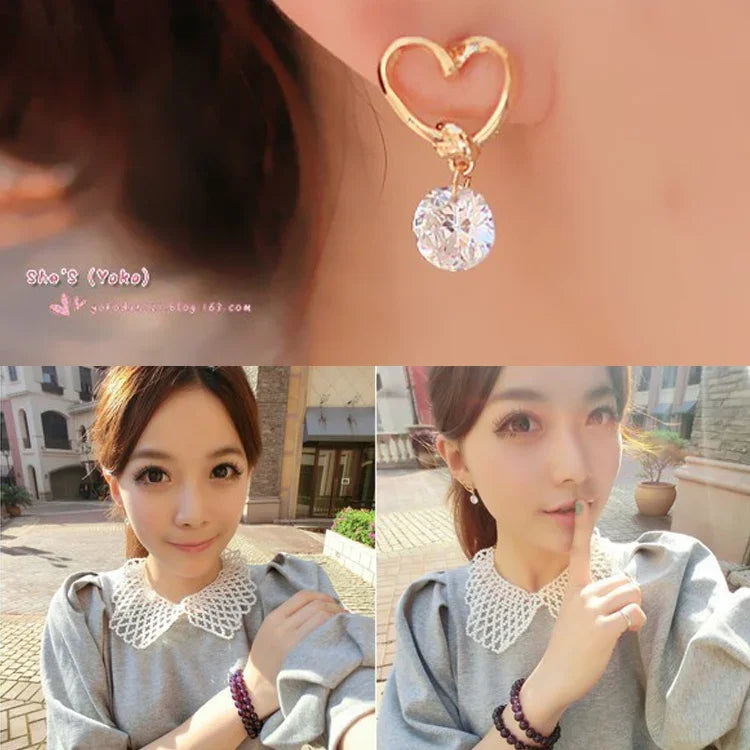 ต่างหูคริสตัลดีไซน์หัวใจผู้หญิง 2 ชิ้น สไตล์หรูหราแฟชั่น