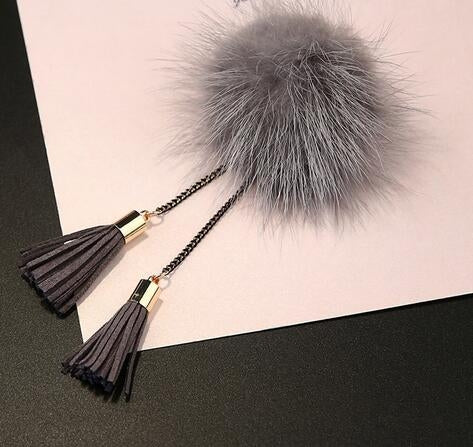 เข็มกลัดลูกบอลขน พร้อมสายพู่ สำหรับผู้หญิง สีเทา ดำ ทอง แดงไวน์