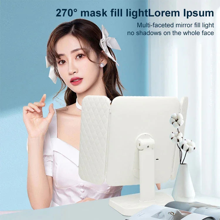 กระจกแต่งหน้า LED แบบสามพับสี่เหลี่ยม เรียบง่ายและมีสไตล์ โคมไฟสีขาวเสียบปลั๊ก รุ่นชาร์จไฟ โคมไฟสีขาว รุ่นชาร์จไฟ ไฟสามสี
