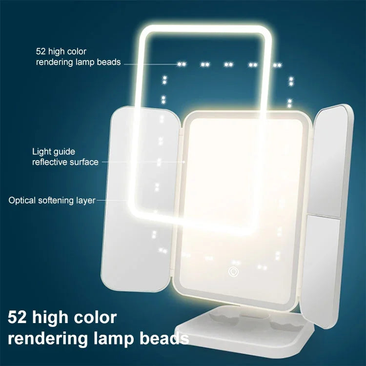 กระจกแต่งหน้า LED แบบสามพับสี่เหลี่ยม เรียบง่ายและมีสไตล์ โคมไฟสีขาวเสียบปลั๊ก รุ่นชาร์จไฟ โคมไฟสีขาว รุ่นชาร์จไฟ ไฟสามสี