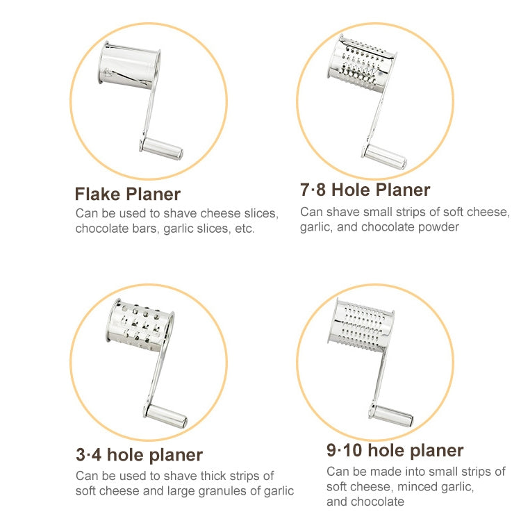 เครื่องขูดชีสแบบหมุนพร้อมกล่องสแตนเลส มือหมุนแบบโรตารี่ มีรู 3-4 รู, 7-8 รู, 9-10 รู, พร้อมแผ่นขูด
