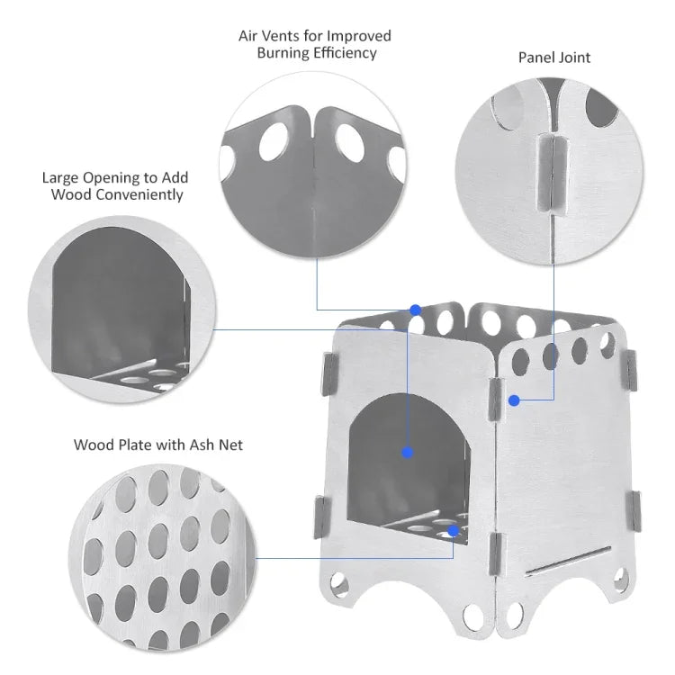 Camping Wood Stove Ultralight Folding Pocket Stove Outdoor Backpacking Cooking Wood Burning Stove Aluminum-Titanium, 7.8 x10.7x8.7cm