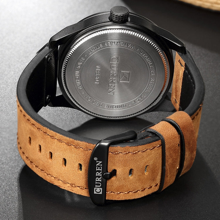 นาฬิกาข้อมือผู้ชาย CURREN M8301 สไตล์ทหาร ควอตซ์ พร้อมวันที่ สายหนัง, ตัวเรือนดำ ส้ม, ตัวเรือนดำ แดง, ตัวเรือนดำ หน้าดำ สายสีน้ำตาลเข้ม, ตัวเรือนดำ หน้ากรม สายสีน้ำตาลอ่อน, ตัวเรือนดำ น้ำเงิน