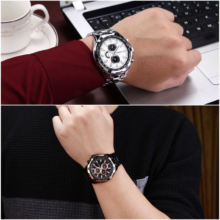 นาฬิกาข้อมือผู้ชาย CURREN 8023 สแตนเลสอนาล็อกสปอร์ต ควอตซ์, ตัวเรือนขาว หน้าขาว, ตัวเรือนเงิน หน้าทอง, ตัวเรือนเงิน ขอบทอง หน้าดำ, ตัวเรือนดำ หน้าขาว, ตัวเรือนดำ หน้าดำ, ตัวเรือนดำ ขอบทอง หน้าขาว, ตัวเรือนดำ หน้าทอง