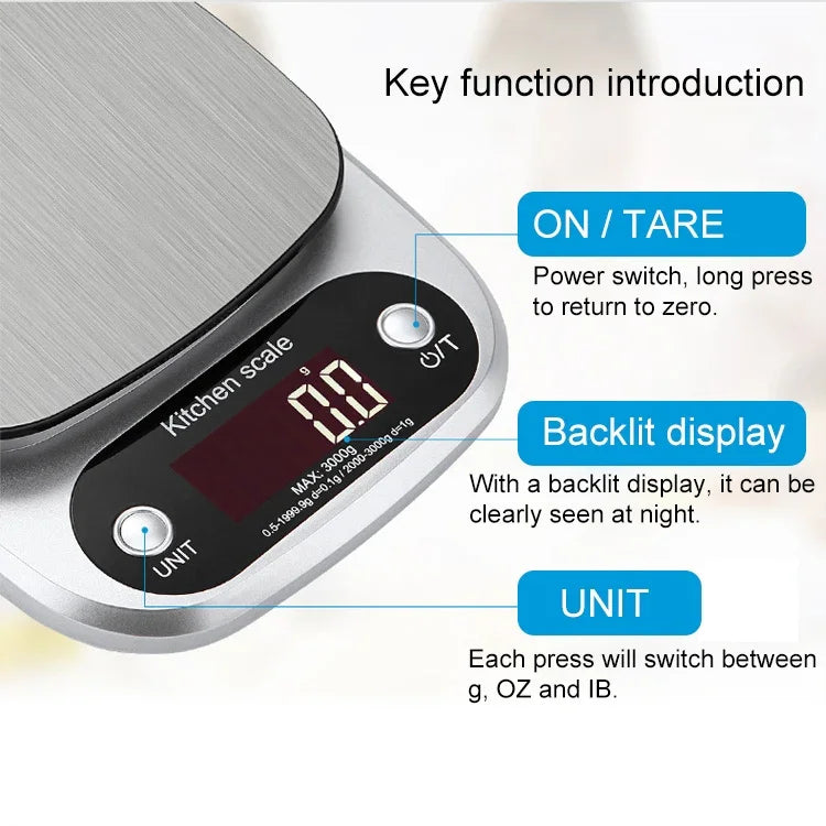 เครื่องชั่งอิเล็กทรอนิกส์ LCD สแตนเลสสำหรับห้องครัว BOH-C305, สเปค: 5kg/0.1g, 5kg/0.1g