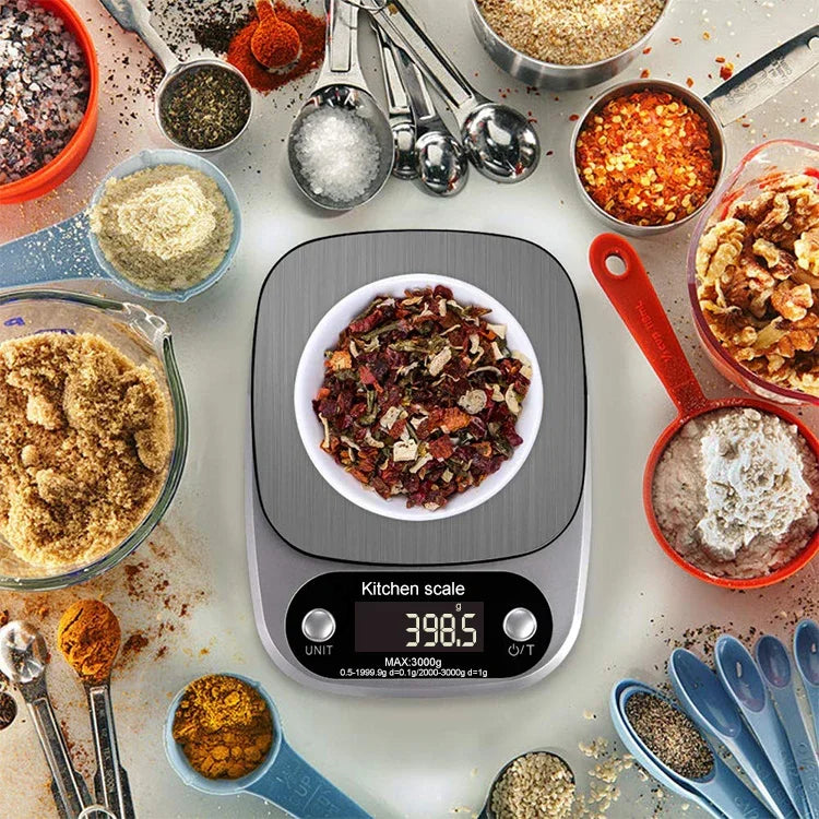 BOH-C305 เครื่องชั่งอิเล็กทรอนิกส์สแตนเลสสำหรับห้องครัว พร้อมหน้าจอ LCD, สเปค: 3kg/0.1g, 3kg/0.1g