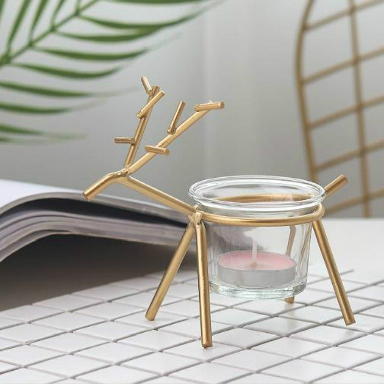 Wrought Iron Deer Candlestick Home Desktop Atmosphere Decoration Candle Holder Decoration, Black, Gold