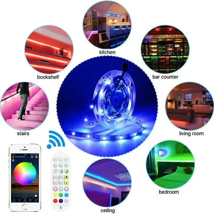 ไฟแถบ LED บลูทูธควบคุมเสียงเพลงอัจฉริยะ ไม่กันน้ำ 5050 RGB ไฟบรรยากาศหลากสี พร้อมรีโมท 24 ปุ่ม, 5M 150 LEDs, 5M 300 LEDs, 10M 300 LEDs, 10M 600 LEDs, 15M 450 LEDs, 15M 270 LEDs, 20M 360 LEDs, 30M 540 LEDs
