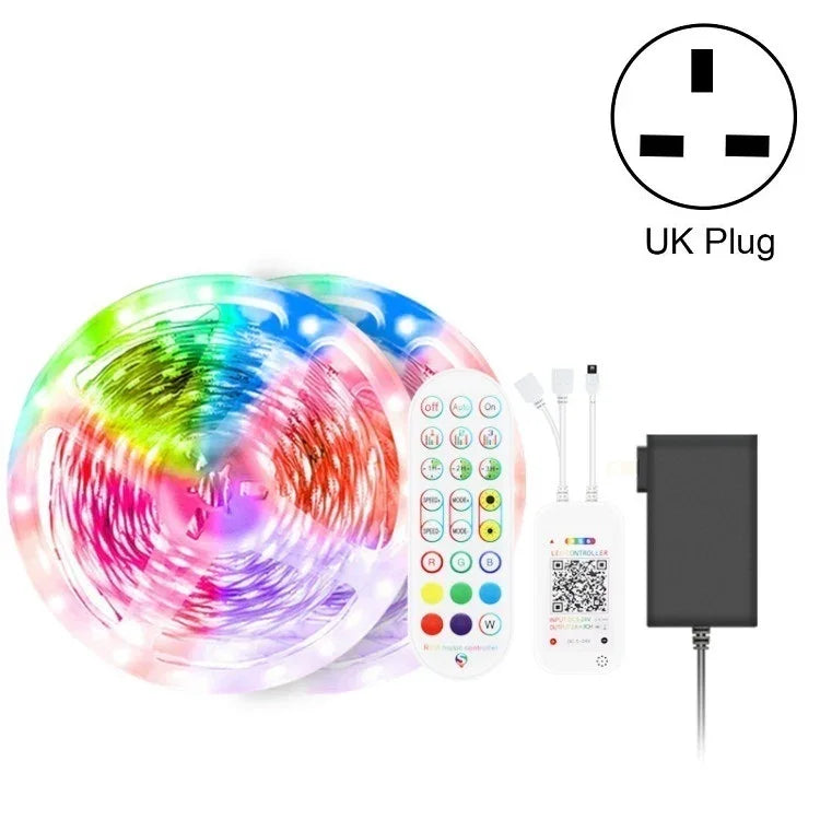 ไฟแถบ LED บลูทูธควบคุมเสียงเพลงอัจฉริยะ ไม่กันน้ำ 5050 RGB ไฟบรรยากาศหลากสี พร้อมรีโมท 24 ปุ่ม, 5M 150 LEDs, 5M 300 LEDs, 10M 300 LEDs, 10M 600 LEDs, 15M 450 LEDs, 15M 270 LEDs, 20M 360 LEDs, 30M 540 LEDs