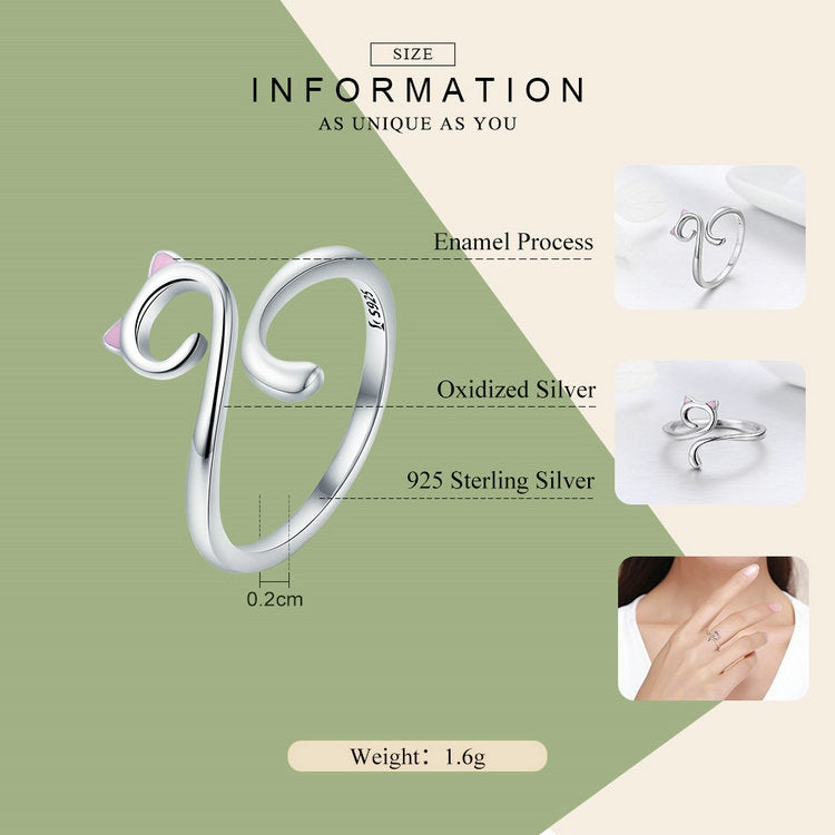 แหวนรักแมวสำหรับผู้หญิง เงินสเตอร์ลิง S925 แหวนเปิด SCR341
